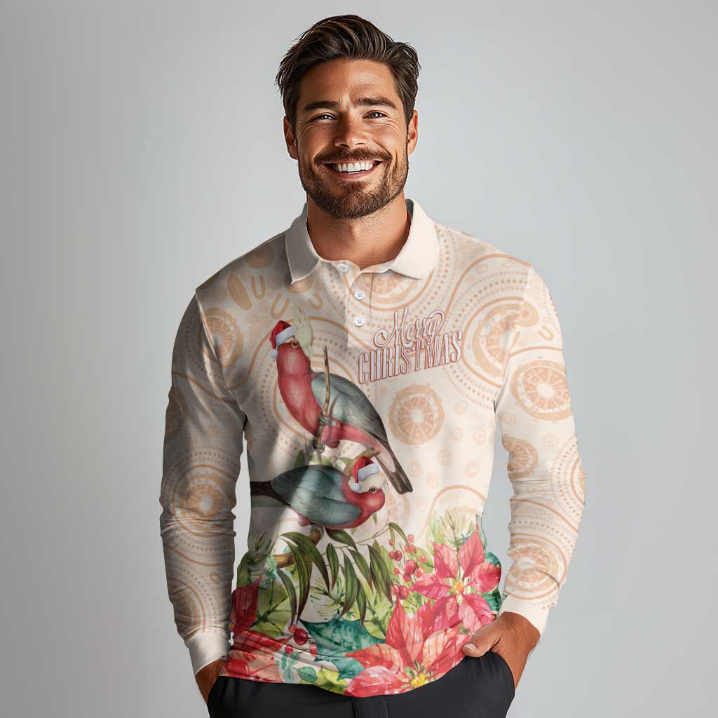 Merry Christmas Aussie Aboriginal Long Sleeve Polo Shirt Rosebreasted Cockatoo Pastel - Aussie Hoodie