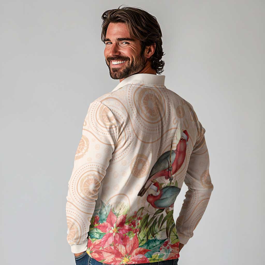 Merry Christmas Aussie Aboriginal Long Sleeve Polo Shirt Rosebreasted Cockatoo Pastel - Aussie Hoodie