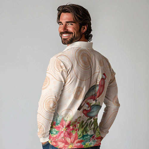 Merry Christmas Aussie Aboriginal Long Sleeve Polo Shirt Rosebreasted Cockatoo Pastel - Aussie Hoodie