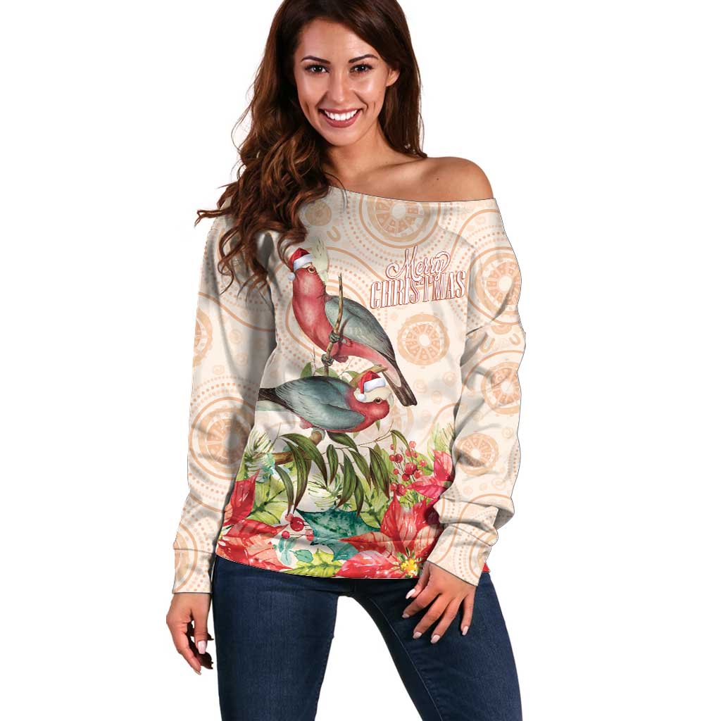 Merry Christmas Aussie Aboriginal Off Shoulder Sweater Rosebreasted Cockatoo Pastel - Aussie Hoodie