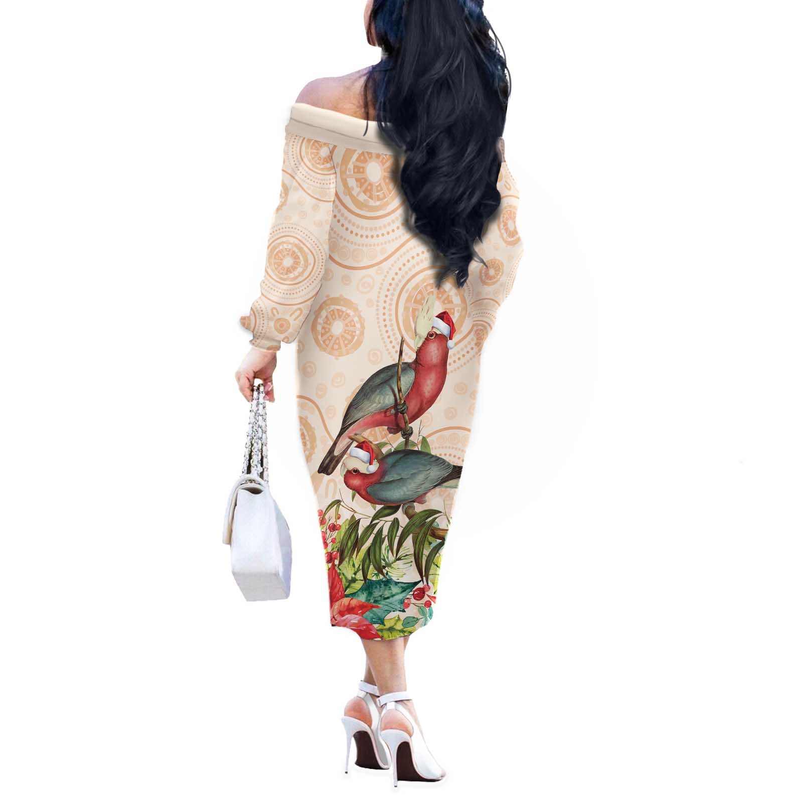 Merry Christmas Aussie Aboriginal Off The Shoulder Long Sleeve Dress Rosebreasted Cockatoo Pastel - Aussie Hoodie