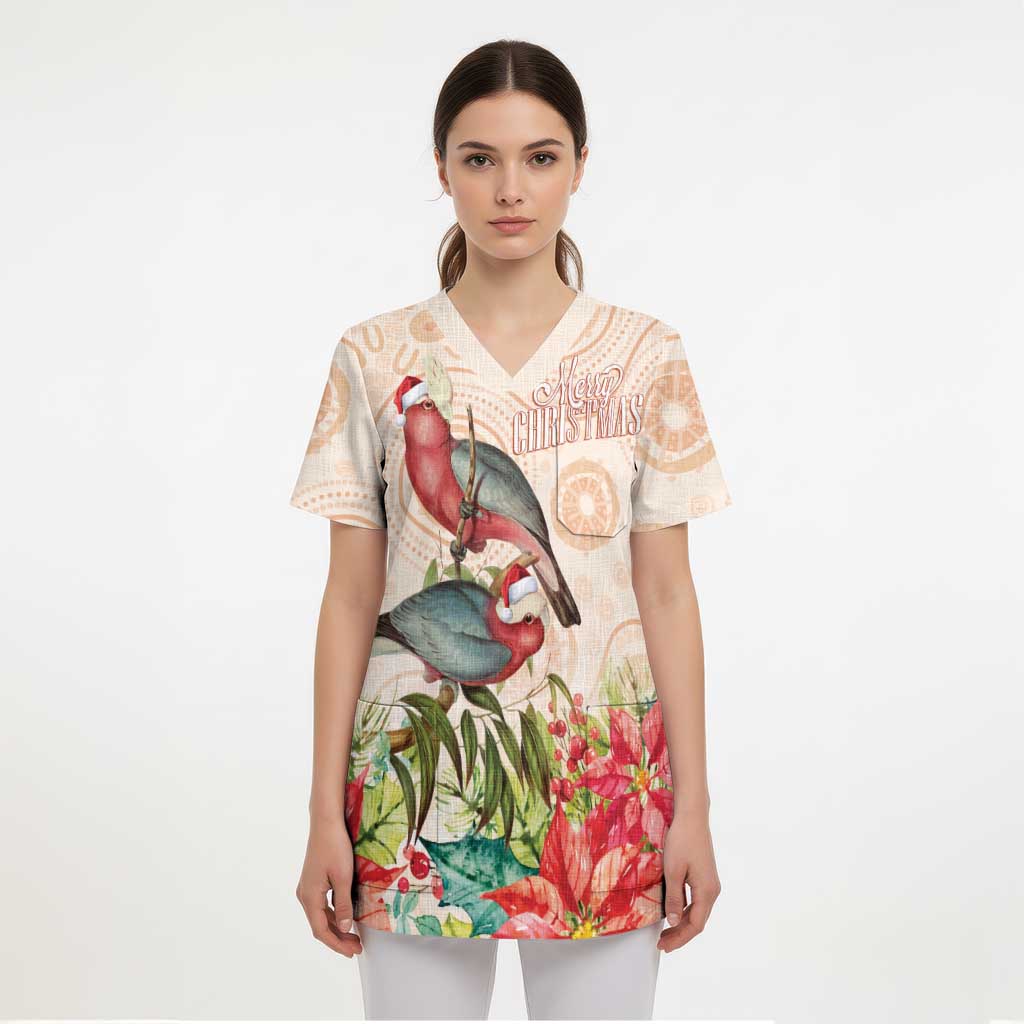 Merry Christmas Aussie Aboriginal Scrub Top Rosebreasted Cockatoo Pastel - Aussie Hoodie