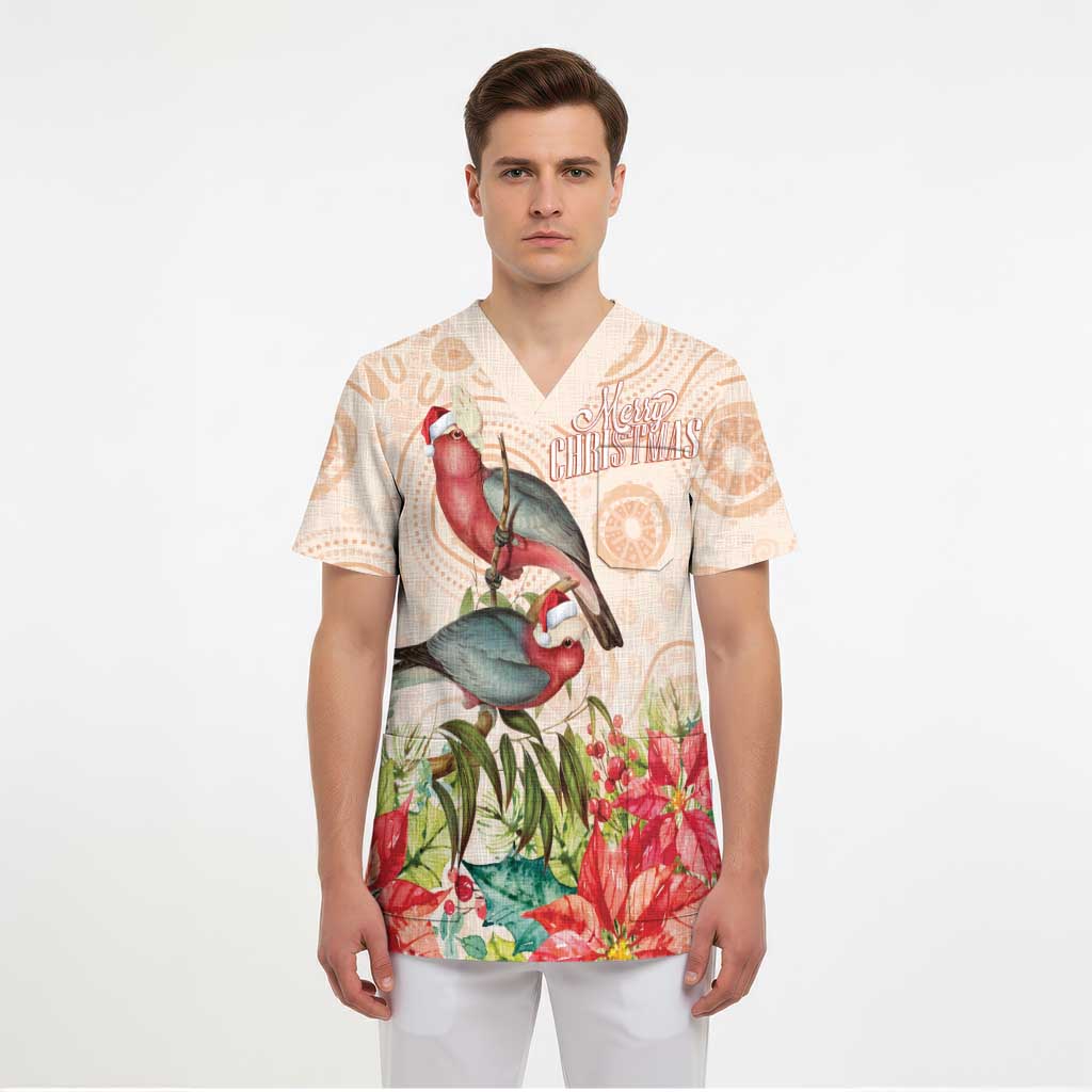 Merry Christmas Aussie Aboriginal Scrub Top Rosebreasted Cockatoo Pastel - Aussie Hoodie
