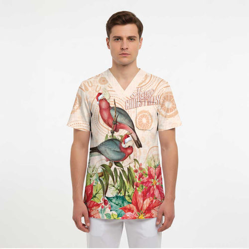 Merry Christmas Aussie Aboriginal Scrub Top Rosebreasted Cockatoo Pastel - Aussie Hoodie
