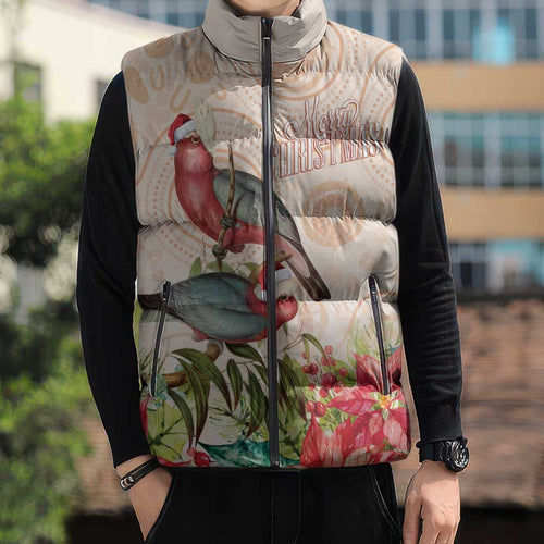 Merry Christmas Aussie Aboriginal Sleeveless Puffer Jacket Rosebreasted Cockatoo Pastel - Aussie Hoodie
