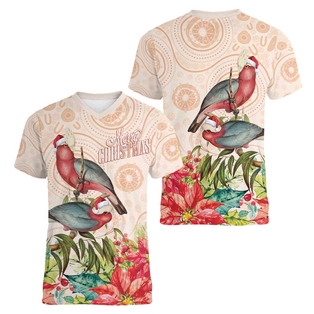 Merry Christmas Aussie Aboriginal Women V-Neck T-Shirt Rosebreasted Cockatoo Pastel - Aussie Hoodie