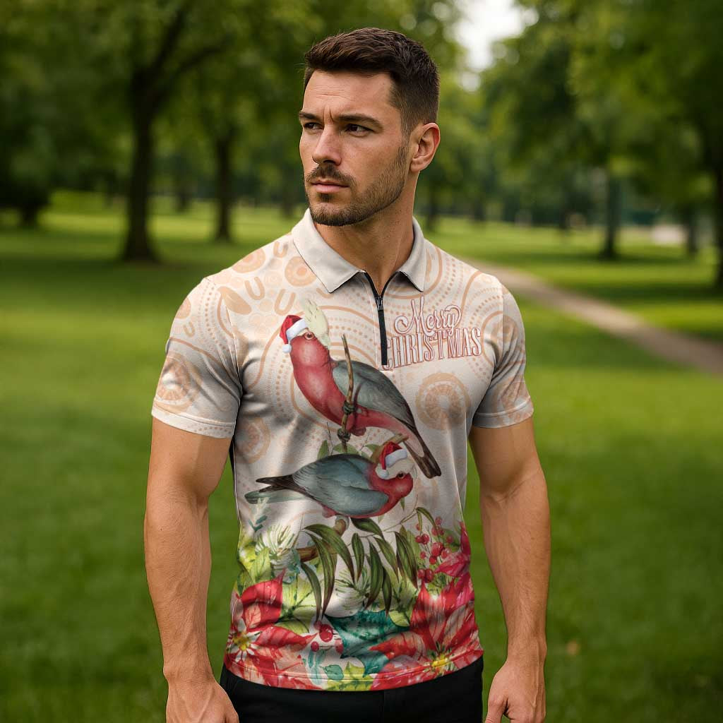 Merry Christmas Aussie Aboriginal Zipper Polo Shirt Rosebreasted Cockatoo Pastel - Aussie Hoodie