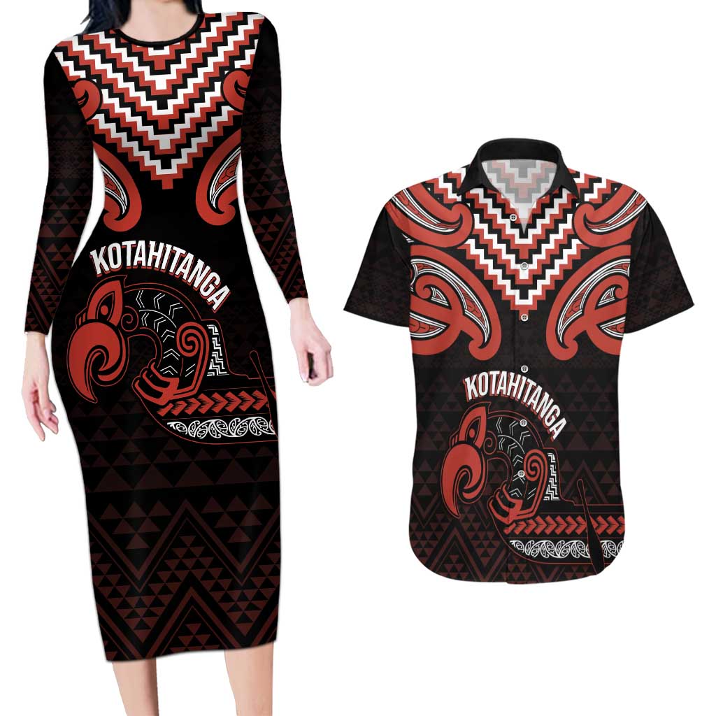 Maori Waitangi Couples Matching Long Sleeve Bodycon Dress and Hawaiian Shirt Kotahitanga Poutama Mix Whakairo - Aussie Hoodie