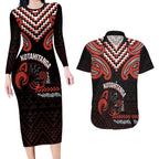 Maori Waitangi Couples Matching Long Sleeve Bodycon Dress and Hawaiian Shirt Kotahitanga Poutama Mix Whakairo - Aussie Hoodie
