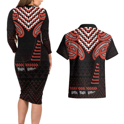 Maori Waitangi Couples Matching Long Sleeve Bodycon Dress and Hawaiian Shirt Kotahitanga Poutama Mix Whakairo - Aussie Hoodie