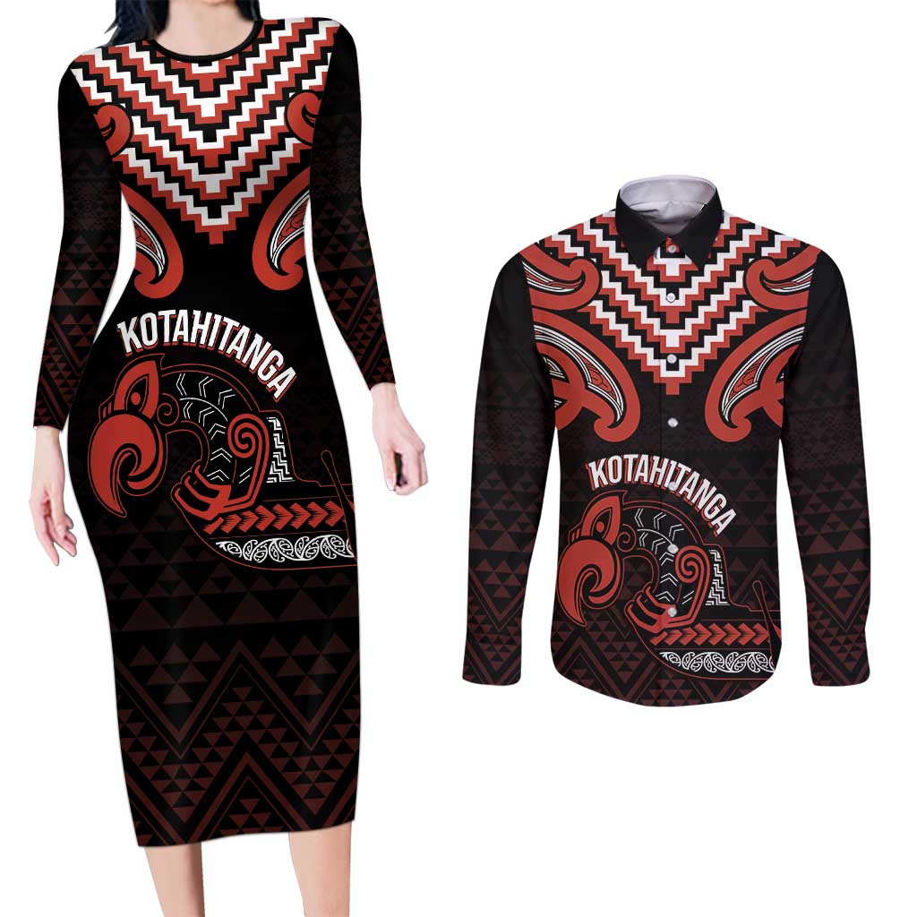 Maori Waitangi Couples Matching Long Sleeve Bodycon Dress and Long Sleeve Button Shirt Kotahitanga Poutama Mix Whakairo - Aussie Hoodie