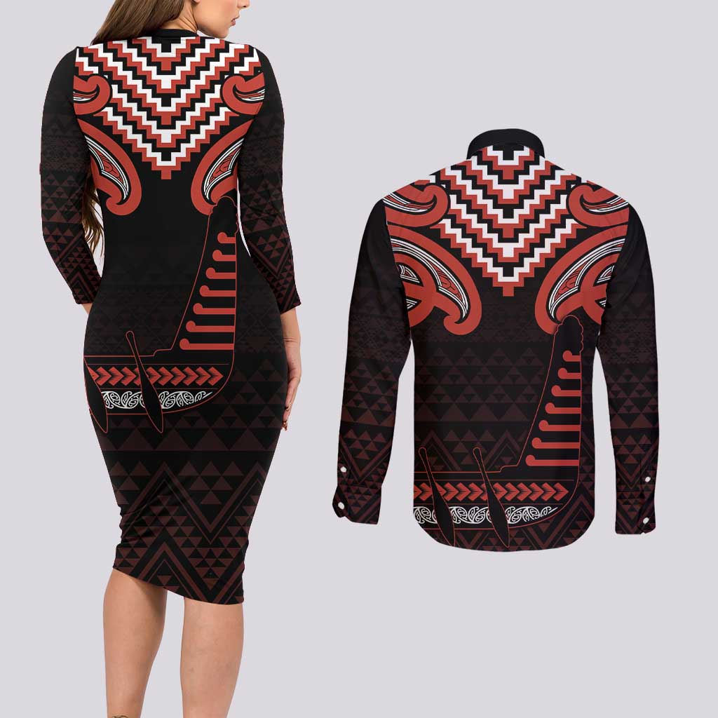 Maori Waitangi Couples Matching Long Sleeve Bodycon Dress and Long Sleeve Button Shirt Kotahitanga Poutama Mix Whakairo - Aussie Hoodie