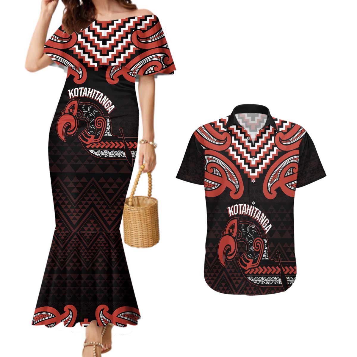 Maori Waitangi Couples Matching Mermaid Dress and Hawaiian Shirt Kotahitanga Poutama Mix Whakairo - Aussie Hoodie