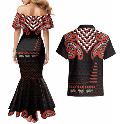Maori Waitangi Couples Matching Mermaid Dress and Hawaiian Shirt Kotahitanga Poutama Mix Whakairo - Aussie Hoodie