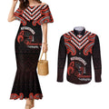 Maori Waitangi Couples Matching Mermaid Dress and Long Sleeve Button Shirt Kotahitanga Poutama Mix Whakairo - Aussie Hoodie