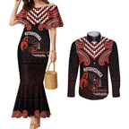 Maori Waitangi Couples Matching Mermaid Dress and Long Sleeve Button Shirt Kotahitanga Poutama Mix Whakairo - Aussie Hoodie