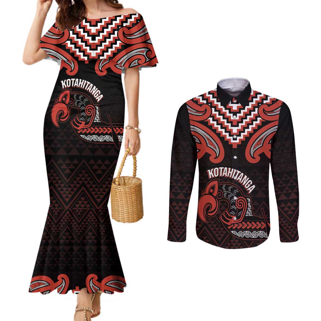 Maori Waitangi Couples Matching Mermaid Dress and Long Sleeve Button Shirt Kotahitanga Poutama Mix Whakairo - Aussie Hoodie