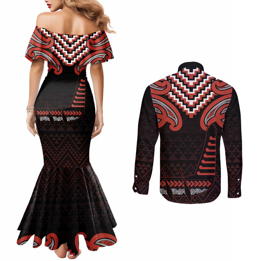 Maori Waitangi Couples Matching Mermaid Dress and Long Sleeve Button Shirt Kotahitanga Poutama Mix Whakairo - Aussie Hoodie