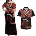 Maori Waitangi Couples Matching Off Shoulder Maxi Dress and Hawaiian Shirt Kotahitanga Poutama Mix Whakairo - Aussie Hoodie