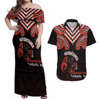 Maori Waitangi Couples Matching Off Shoulder Maxi Dress and Hawaiian Shirt Kotahitanga Poutama Mix Whakairo - Aussie Hoodie