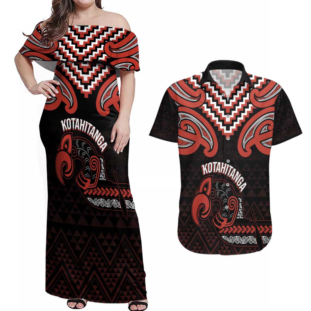 Maori Waitangi Couples Matching Off Shoulder Maxi Dress and Hawaiian Shirt Kotahitanga Poutama Mix Whakairo - Aussie Hoodie