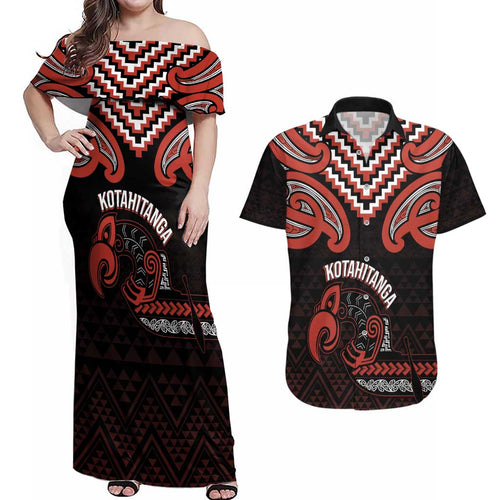 Maori Waitangi Couples Matching Off Shoulder Maxi Dress and Hawaiian Shirt Kotahitanga Poutama Mix Whakairo - Aussie Hoodie