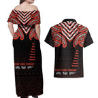Maori Waitangi Couples Matching Off Shoulder Maxi Dress and Hawaiian Shirt Kotahitanga Poutama Mix Whakairo - Aussie Hoodie