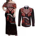 Maori Waitangi Couples Matching Off Shoulder Maxi Dress and Long Sleeve Button Shirt Kotahitanga Poutama Mix Whakairo - Aussie Hoodie