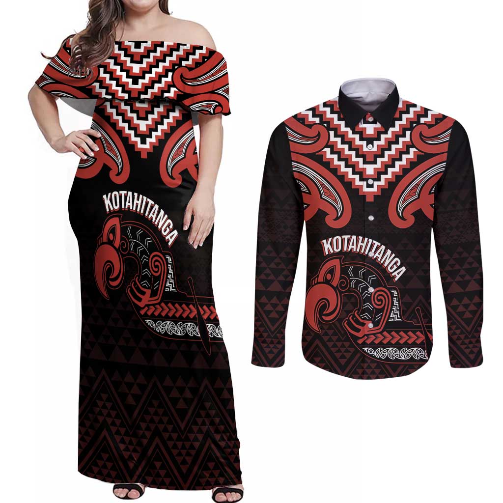 Maori Waitangi Couples Matching Off Shoulder Maxi Dress and Long Sleeve Button Shirt Kotahitanga Poutama Mix Whakairo - Aussie Hoodie