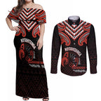 Maori Waitangi Couples Matching Off Shoulder Maxi Dress and Long Sleeve Button Shirt Kotahitanga Poutama Mix Whakairo - Aussie Hoodie