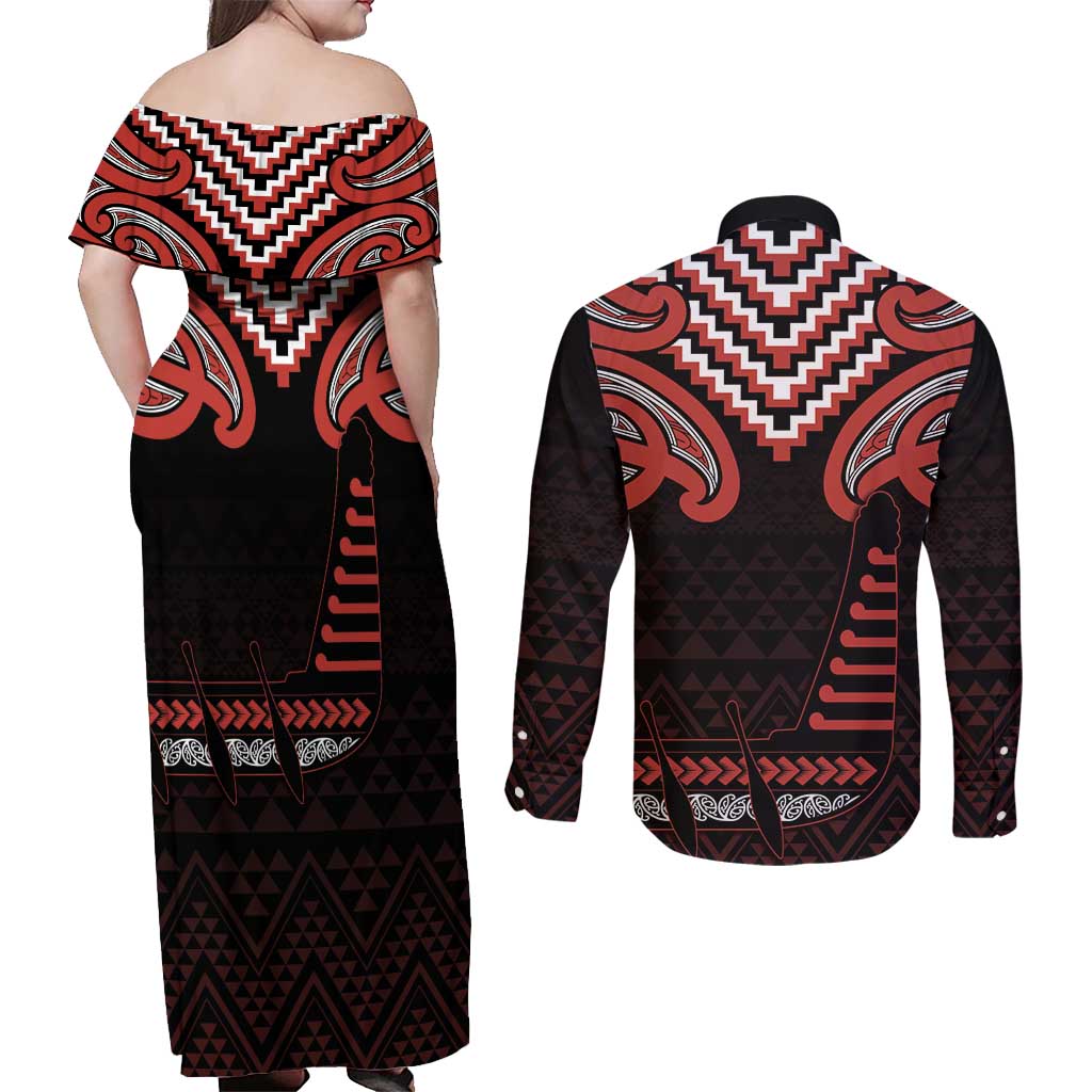 Maori Waitangi Couples Matching Off Shoulder Maxi Dress and Long Sleeve Button Shirt Kotahitanga Poutama Mix Whakairo - Aussie Hoodie