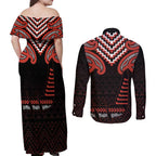 Maori Waitangi Couples Matching Off Shoulder Maxi Dress and Long Sleeve Button Shirt Kotahitanga Poutama Mix Whakairo - Aussie Hoodie