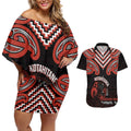 Maori Waitangi Couples Matching Off Shoulder Short Dress and Hawaiian Shirt Kotahitanga Poutama Mix Whakairo - Aussie Hoodie