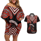 Maori Waitangi Couples Matching Off Shoulder Short Dress and Hawaiian Shirt Kotahitanga Poutama Mix Whakairo - Aussie Hoodie