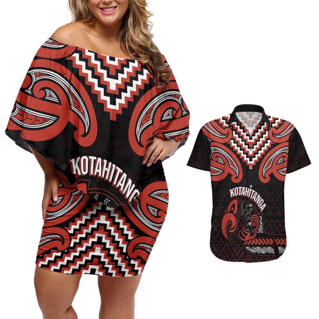 Maori Waitangi Couples Matching Off Shoulder Short Dress and Hawaiian Shirt Kotahitanga Poutama Mix Whakairo - Aussie Hoodie