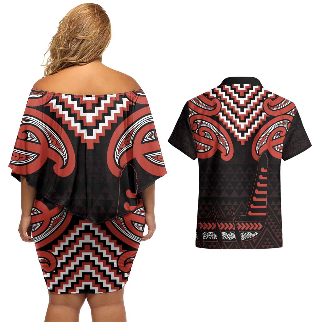 Maori Waitangi Couples Matching Off Shoulder Short Dress and Hawaiian Shirt Kotahitanga Poutama Mix Whakairo - Aussie Hoodie