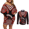 Maori Waitangi Couples Matching Off Shoulder Short Dress and Long Sleeve Button Shirt Kotahitanga Poutama Mix Whakairo - Aussie Hoodie
