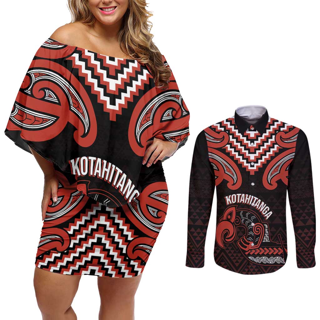 Maori Waitangi Couples Matching Off Shoulder Short Dress and Long Sleeve Button Shirt Kotahitanga Poutama Mix Whakairo - Aussie Hoodie