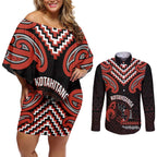 Maori Waitangi Couples Matching Off Shoulder Short Dress and Long Sleeve Button Shirt Kotahitanga Poutama Mix Whakairo - Aussie Hoodie