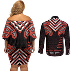 Maori Waitangi Couples Matching Off Shoulder Short Dress and Long Sleeve Button Shirt Kotahitanga Poutama Mix Whakairo - Aussie Hoodie
