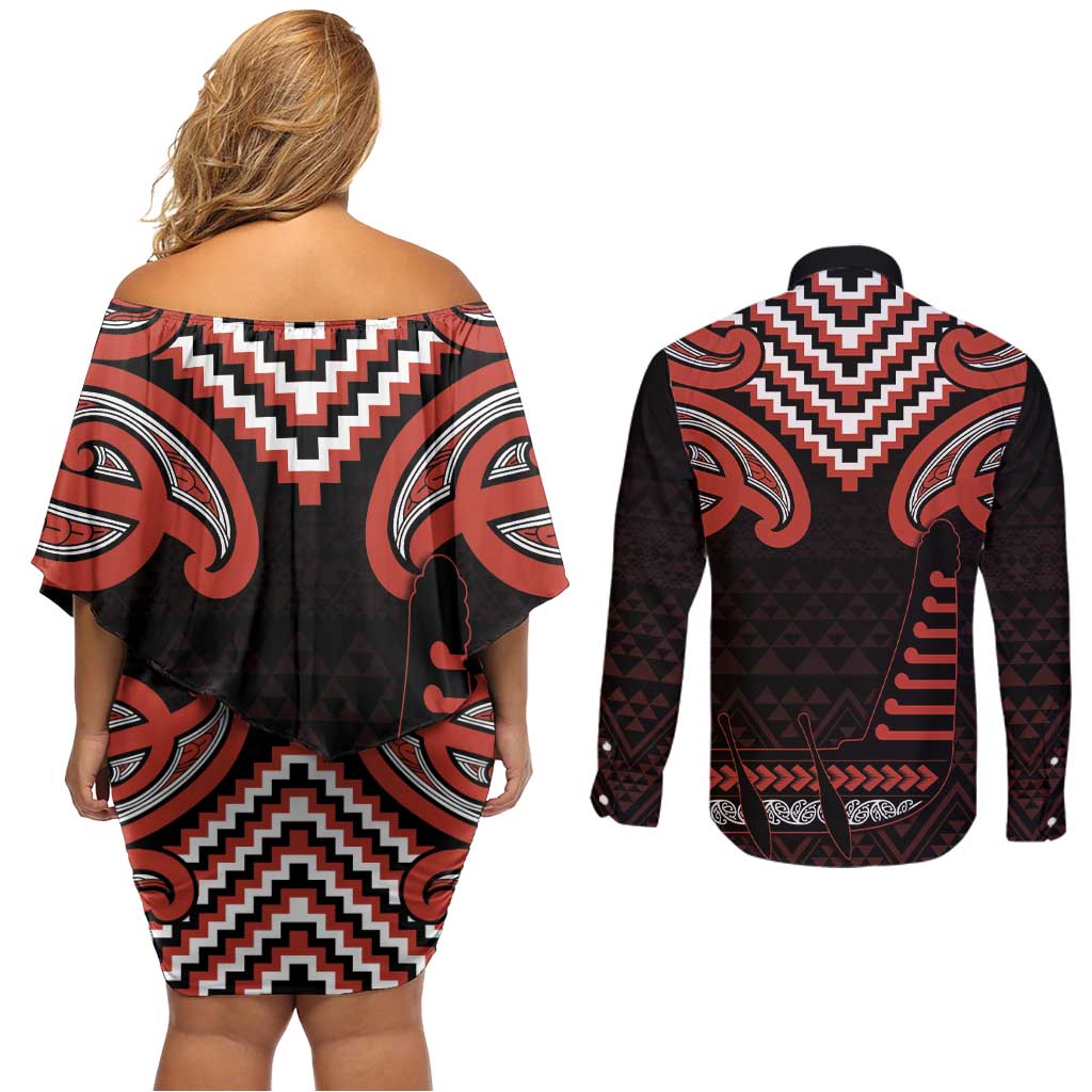 Maori Waitangi Couples Matching Off Shoulder Short Dress and Long Sleeve Button Shirt Kotahitanga Poutama Mix Whakairo - Aussie Hoodie