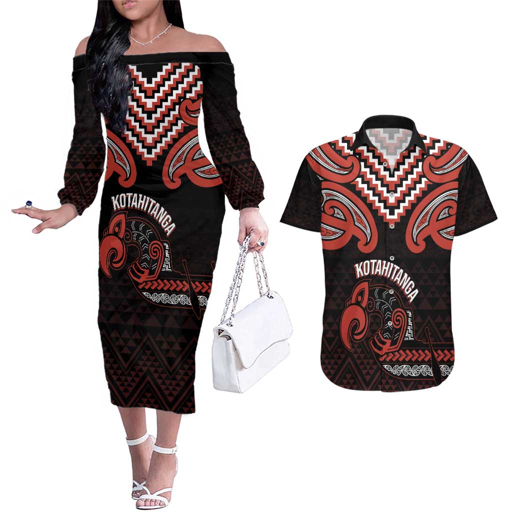 Maori Waitangi Couples Matching Off The Shoulder Long Sleeve Dress and Hawaiian Shirt Kotahitanga Poutama Mix Whakairo - Aussie Hoodie