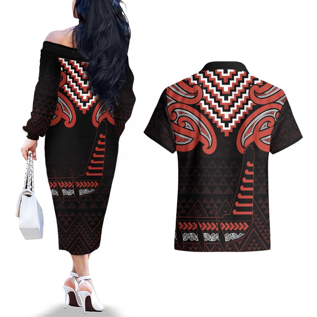 Maori Waitangi Couples Matching Off The Shoulder Long Sleeve Dress and Hawaiian Shirt Kotahitanga Poutama Mix Whakairo - Aussie Hoodie