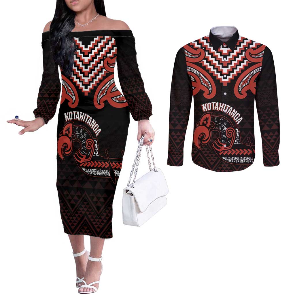 Maori Waitangi Couples Matching Off The Shoulder Long Sleeve Dress and Long Sleeve Button Shirt Kotahitanga Poutama Mix Whakairo - Aussie Hoodie