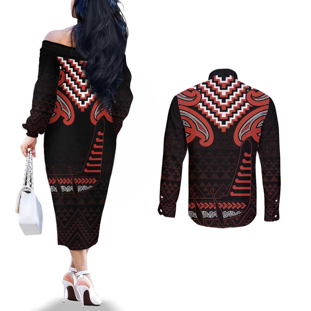 Maori Waitangi Couples Matching Off The Shoulder Long Sleeve Dress and Long Sleeve Button Shirt Kotahitanga Poutama Mix Whakairo - Aussie Hoodie