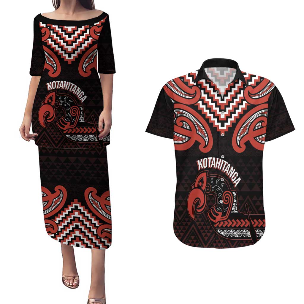 Maori Waitangi Couples Matching Puletasi and Hawaiian Shirt Kotahitanga Poutama Mix Whakairo - Aussie Hoodie