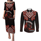 Maori Waitangi Couples Matching Puletasi and Long Sleeve Button Shirt Kotahitanga Poutama Mix Whakairo - Aussie Hoodie