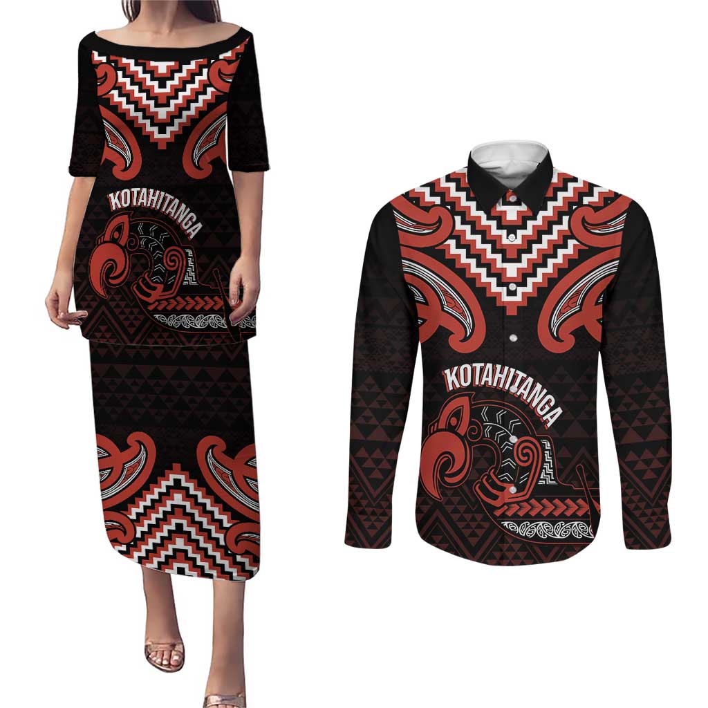 Maori Waitangi Couples Matching Puletasi and Long Sleeve Button Shirt Kotahitanga Poutama Mix Whakairo - Aussie Hoodie