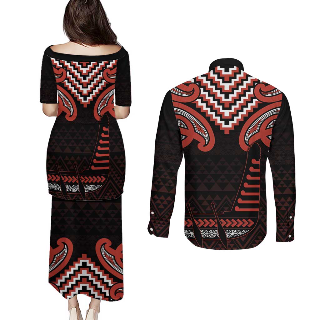 Maori Waitangi Couples Matching Puletasi and Long Sleeve Button Shirt Kotahitanga Poutama Mix Whakairo - Aussie Hoodie