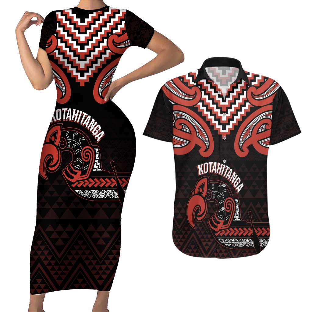 Maori Waitangi Couples Matching Short Sleeve Bodycon Dress and Hawaiian Shirt Kotahitanga Poutama Mix Whakairo - Aussie Hoodie